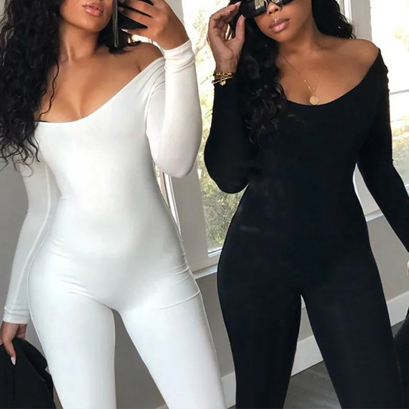 Women's Black Long Sleeve Bodycon Jumpsuit Slim Fit Sexy Solid Romper Casual Sporty Skinny Streetwear for Autumn Winter