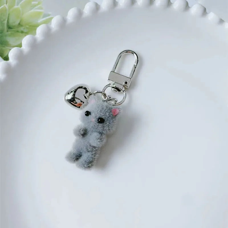 Cute Flocking Cat Keychain 3D Love Pendant Headphone Charm Bag Decor Jewelry Gift