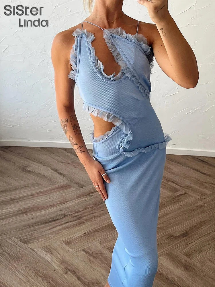 Junior Backless Halter Hollow Out Midi Calf Dress Style