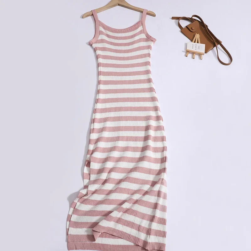 Striped Knit Slip Dress With Slim Waist For Summer Chic