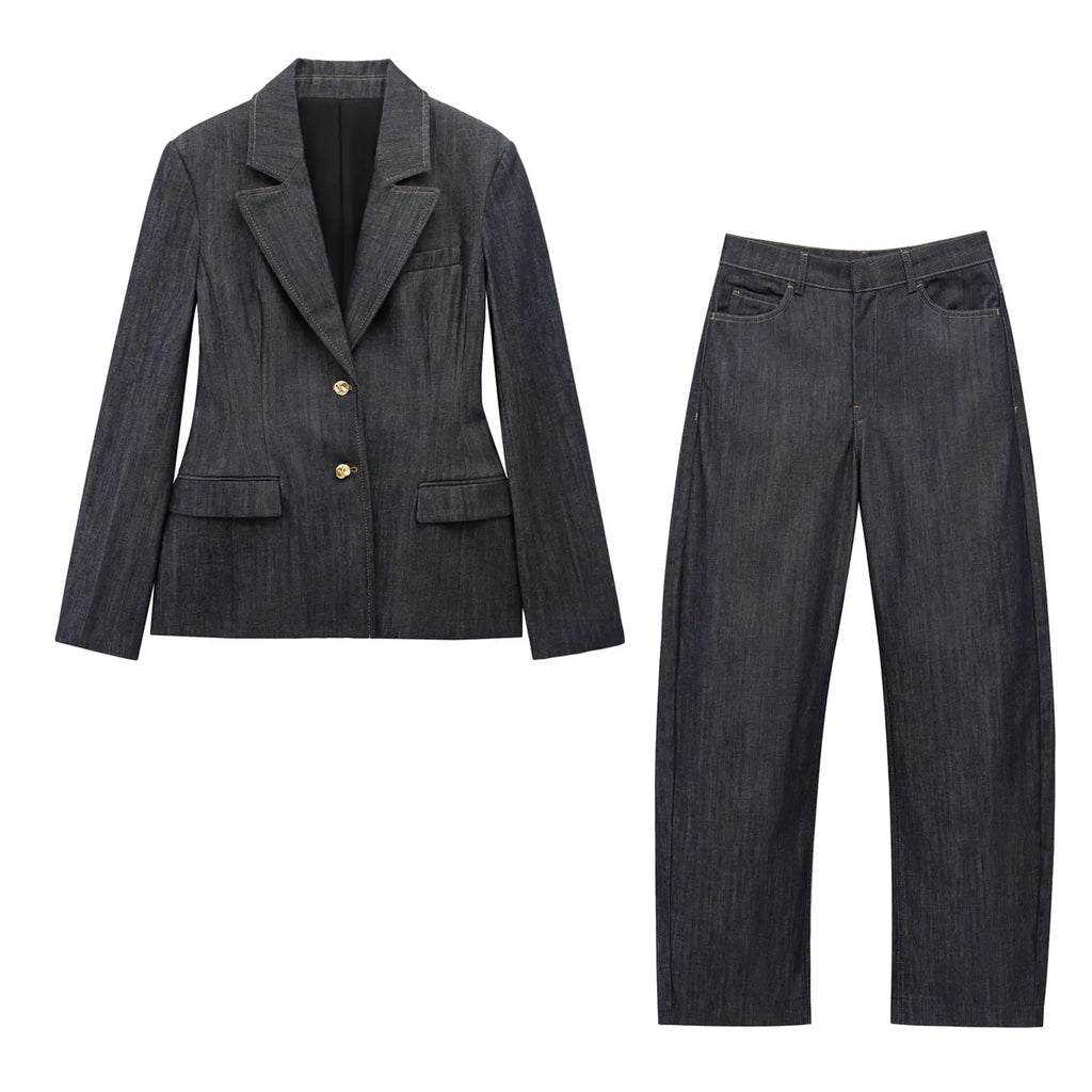 Women's Denim Jacket and Pants Set with Long Sleeve Blazer, Strapless Vest, and Straight Leg Jeans Fashion Outfit