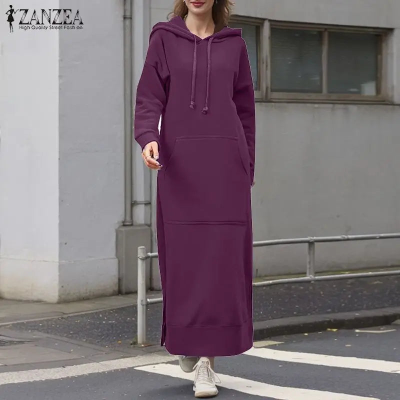 Womens Hooded Maxi Dress Boho Kaftan Robe with Pockets