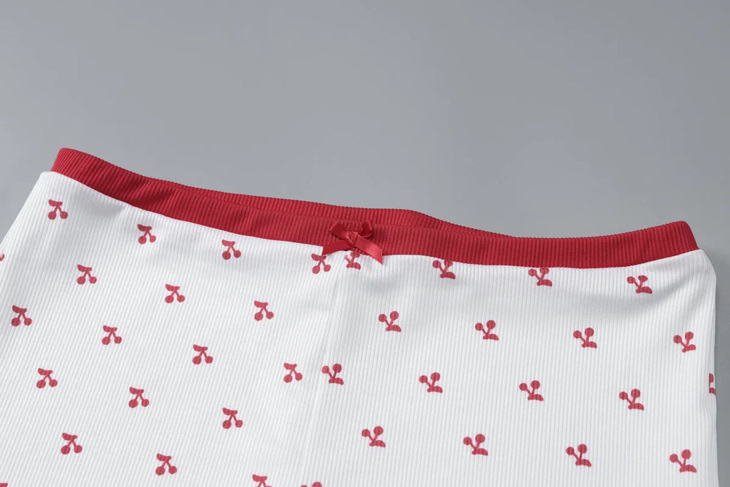 Cherry Print Two-Piece Matching Set with Slim Crop Camisole Top and Bow-Accent Shorts Summer Casual Festival and Workout Outfit for Women