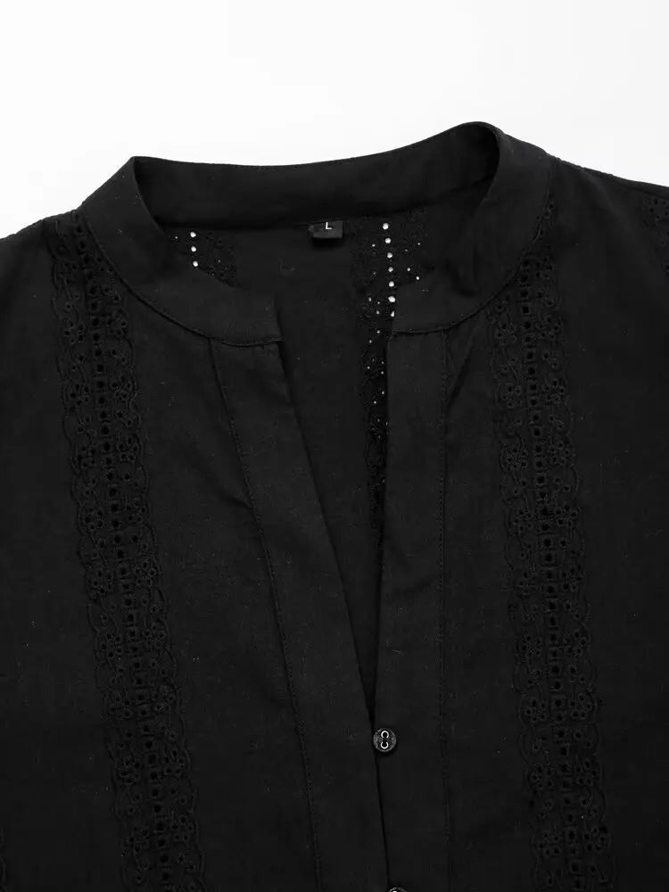 Womens Retro Casual Cotton Shirt Long Sleeve Embroidered Hollow Round Neck Lapel Top for Autumn