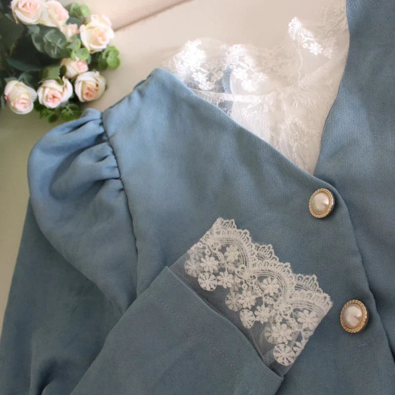 Vintage Patchwork Lace Midi Dress For Women Autumn Chic