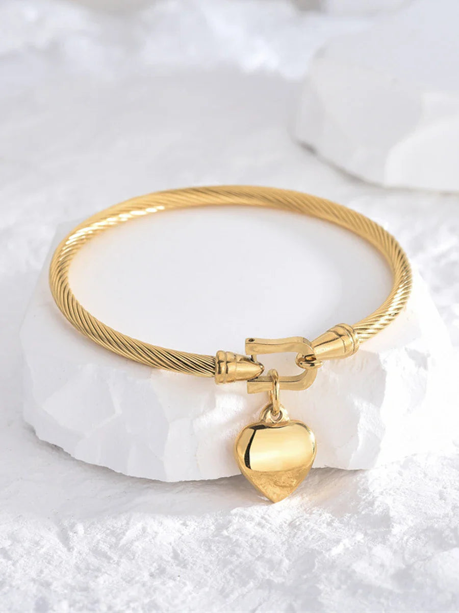 18k Gold Color Stainless Steel Heart Pendant Charm Bangle Bracelet for Men and Women