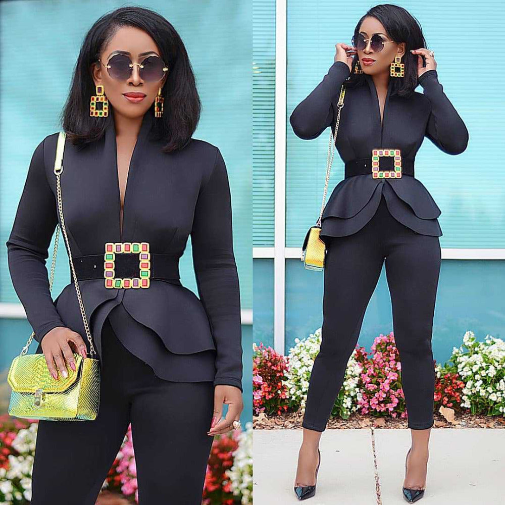 Women Winter Two Piece Tracksuit Set with Ruffled Blazer and Pencil Pants for Office Wear