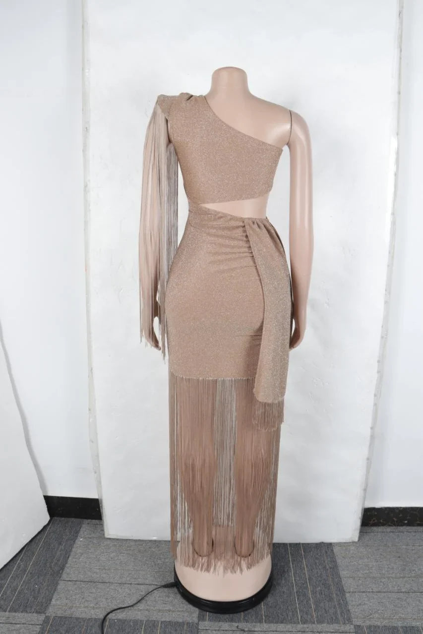 One Shoulder Diagonal Fringe Maxi Dress With Tassels
