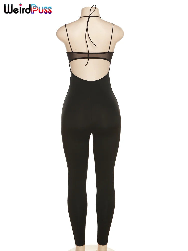 Sexy Mesh Patchwork Hollow Strap Backless Bandage Jumpsuit for Women Slim Fit Streetwear Workout Overalls