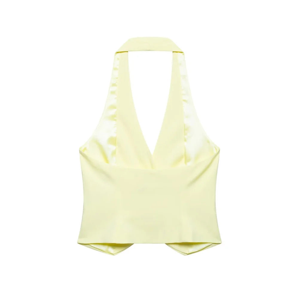 Womens Light Yellow Suit Set Halter Vest with Gold Buttons and Pleated Wide Leg Pants Stylish Ensemble