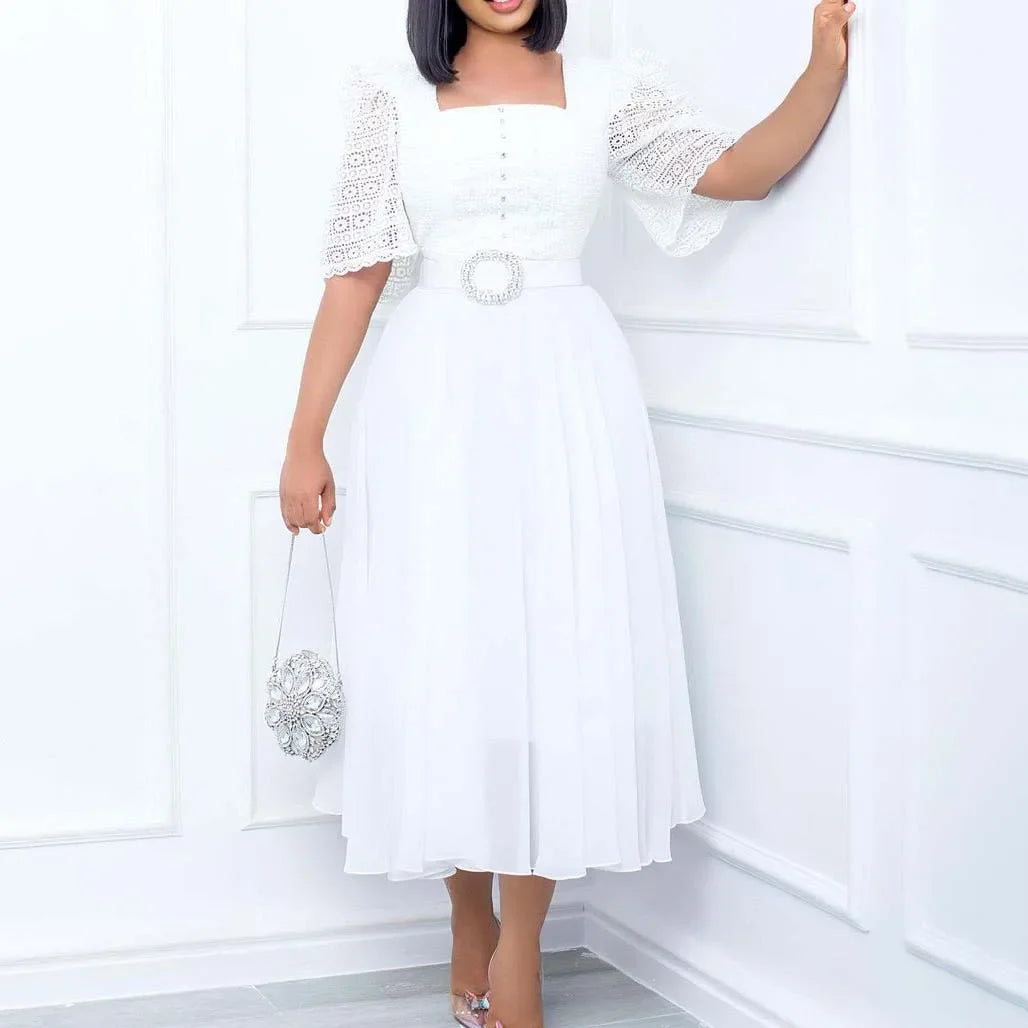 Square Neck Lace Dress Belt A Line Flare Sleeve Mid Calf