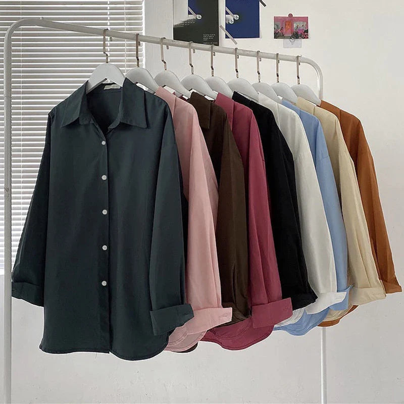 Solid Long Sleeve Loose Fit Blouse Shirt for Women Casual Single Breasted Vintage-Inspired Outerwear Top with Simple Trendy Design