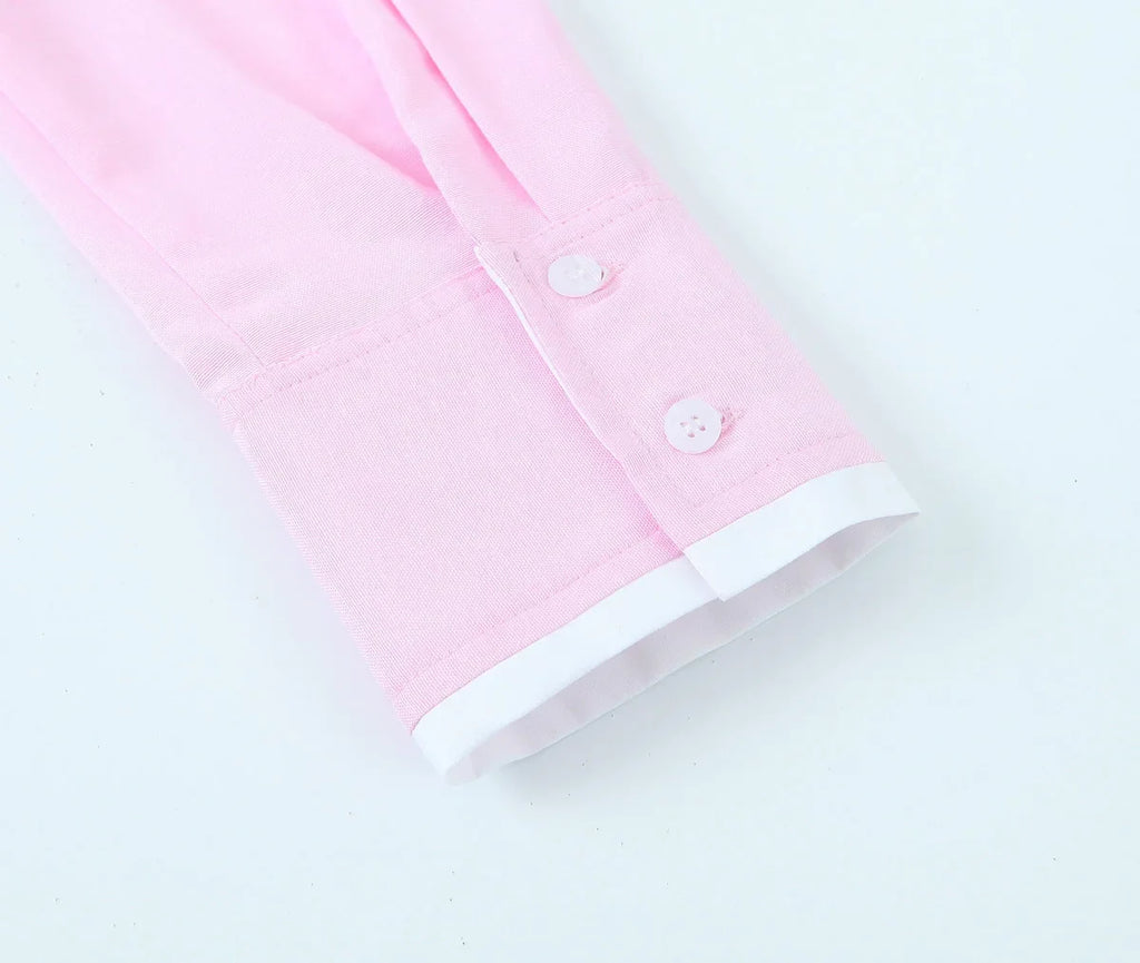 Women's Pink Patchwork Cropped Shirt Long Sleeve Button-Up Blouse Trendy Streetwear Top for Ladies