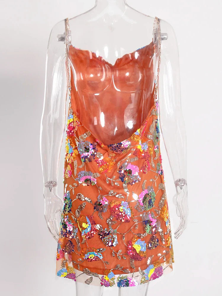 Floral Sequined Backless Mini Dress For Night Out Clubbing
