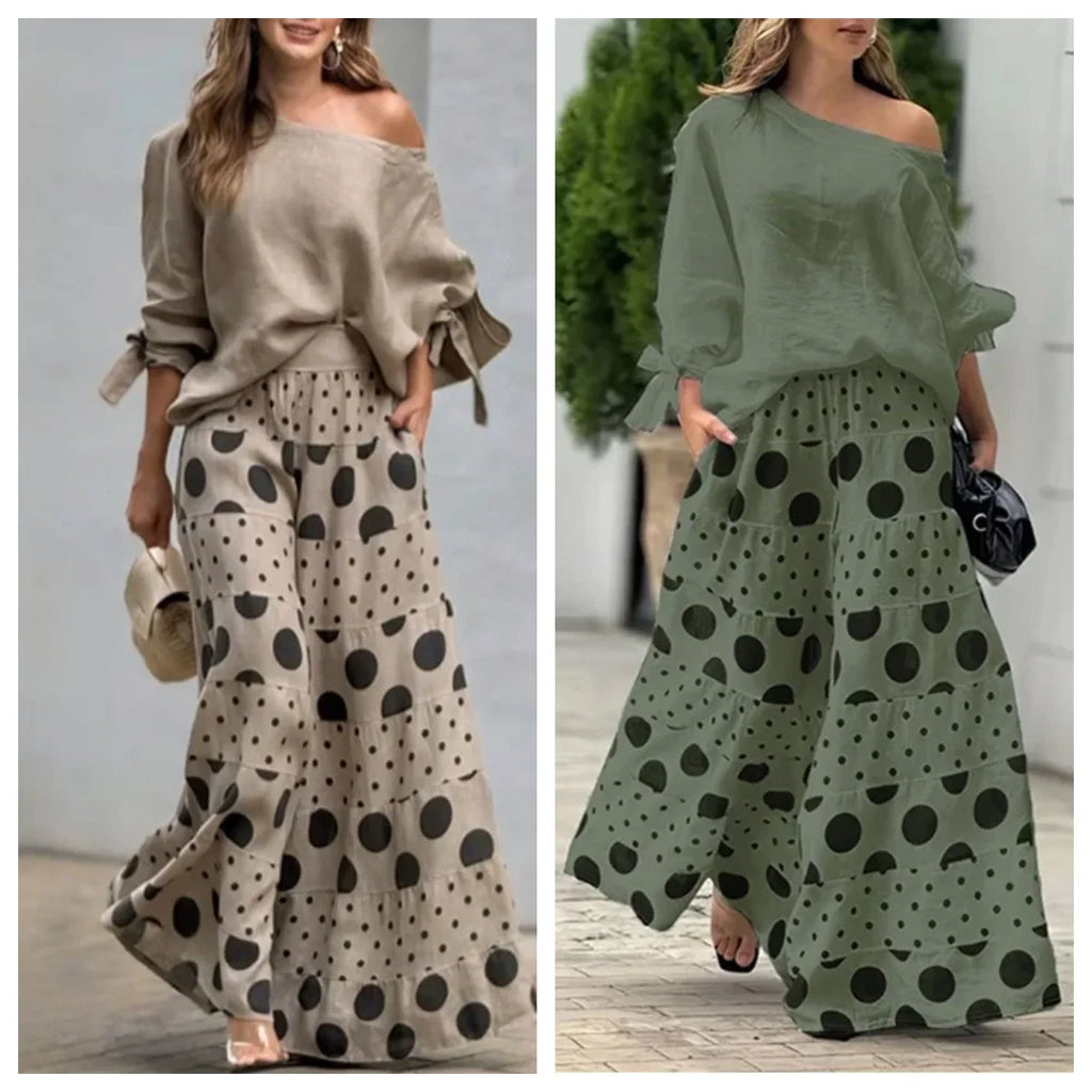 Off Shoulder Polka Dot Print Top and Wide Leg Pants Outfit for Women Casual Spring Autumn 2 Piece Set