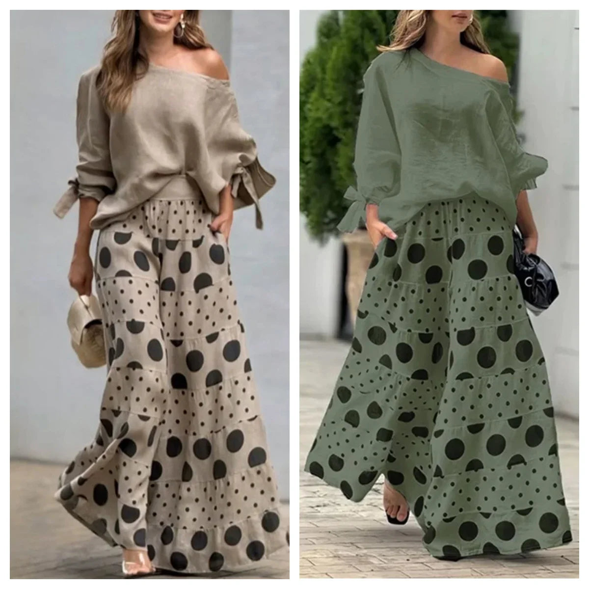 Off Shoulder Polka Dot Print Top and Wide Leg Pants Outfit for Women Casual Spring Autumn 2 Piece Set