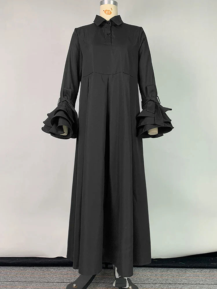 Church Maxi Dress With Pleated Lapel And Flared Sleeves