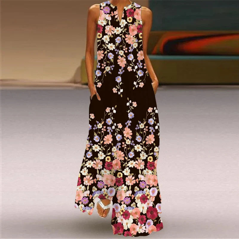 V Neck Sleeveless Printed Maxi Dress For Women Summer Style
