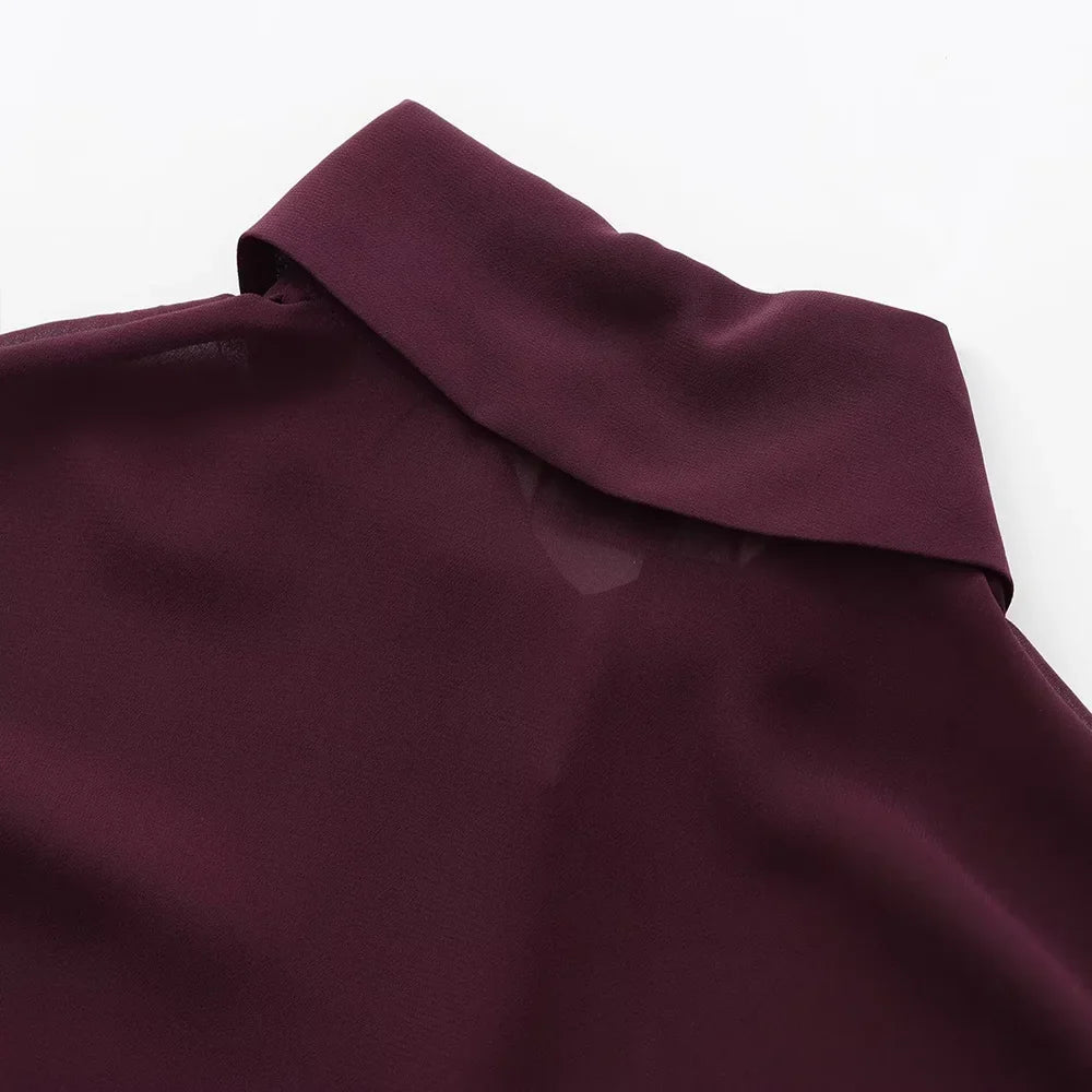 Women's Wine Red Polo Collar Chiffon Shirt Long Sleeve Single Breasted Bow Lace Up Loose Blouse