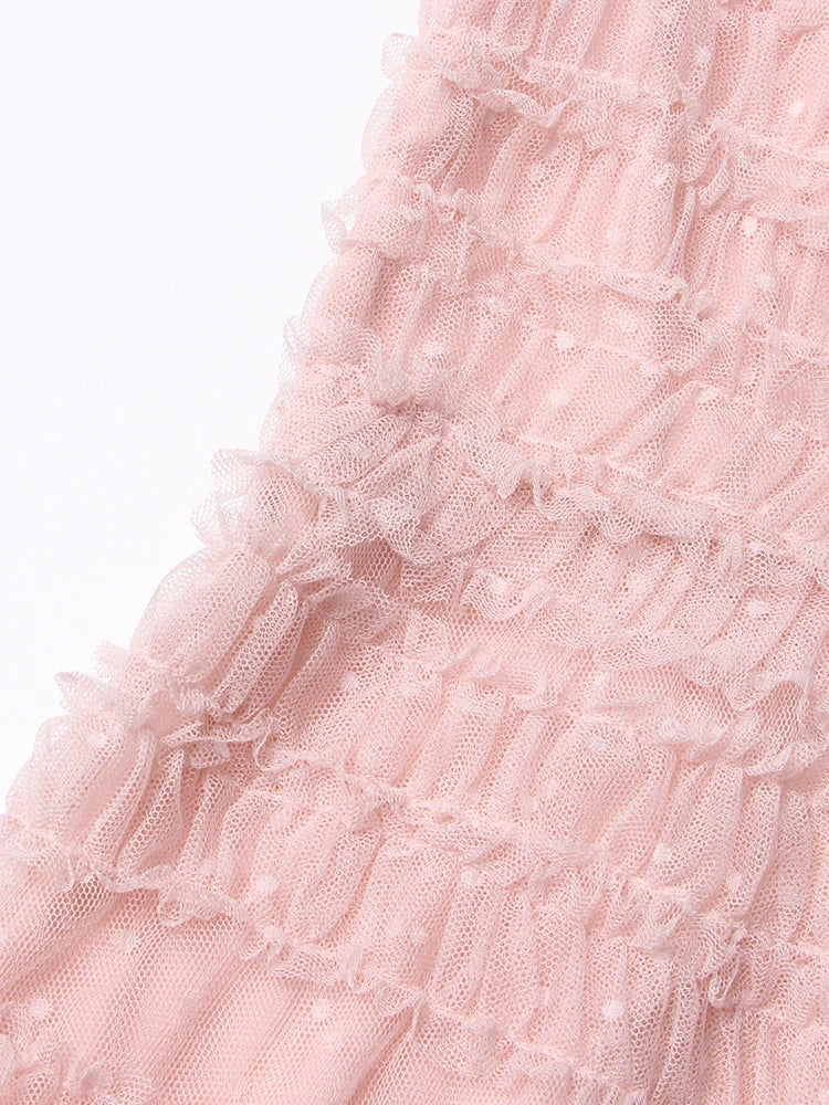 Patchwork Mesh Dress For Women High Waist Ruffled Casual