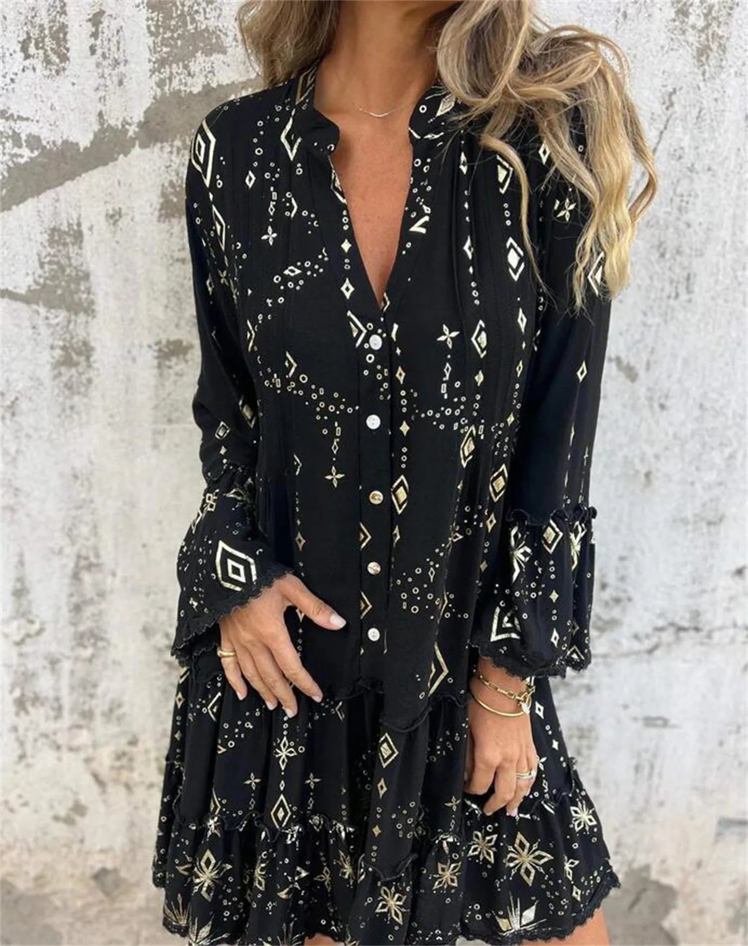 Gold Embossed Lace Sleeve Hollow Out Dress For Women