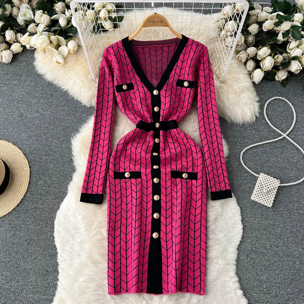 Autumn Plaid Knit Dress Women V Neck Elastic Waist Midi
