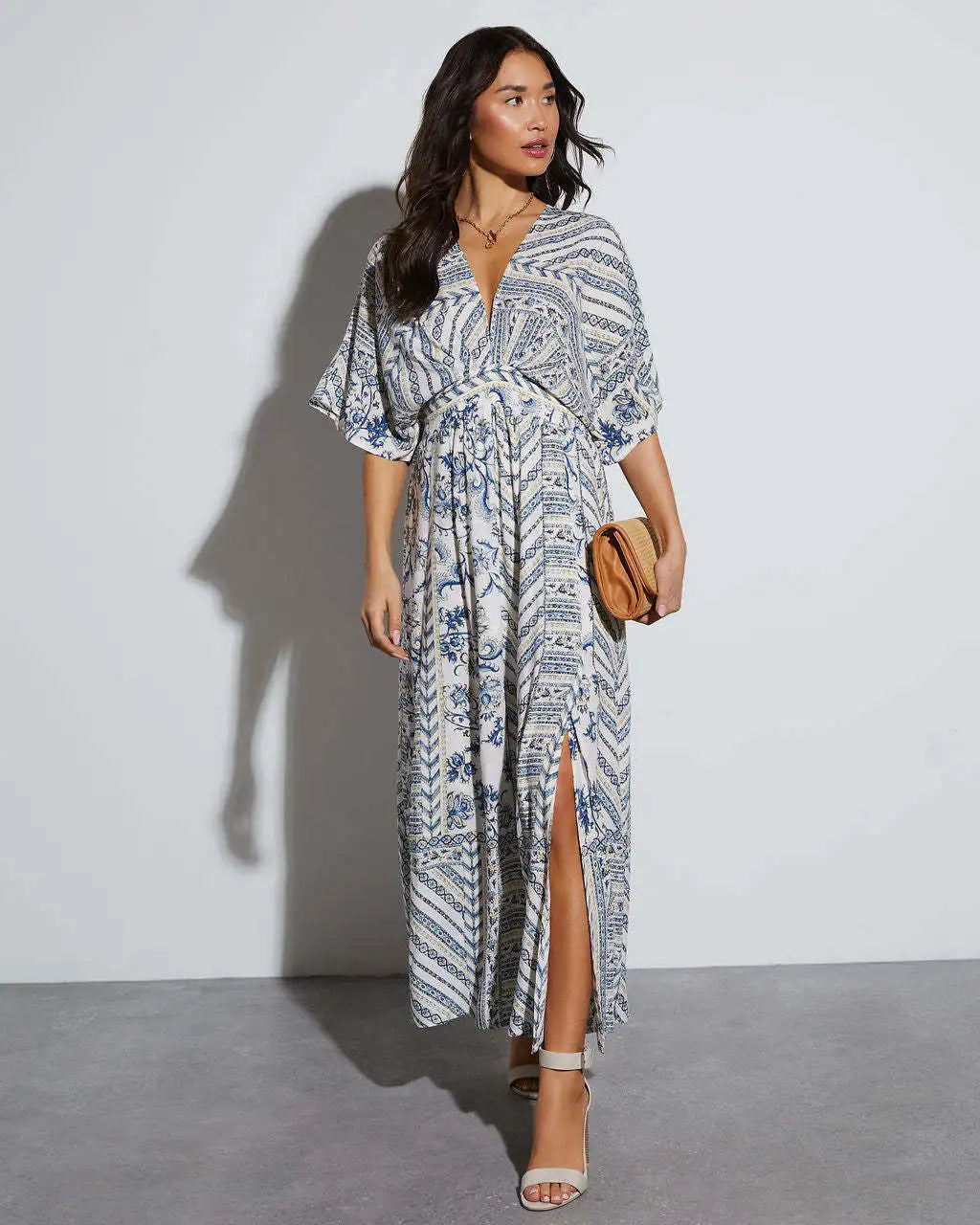 Bohemian Maxi Dress Printed V Neck Beach Vacation Style