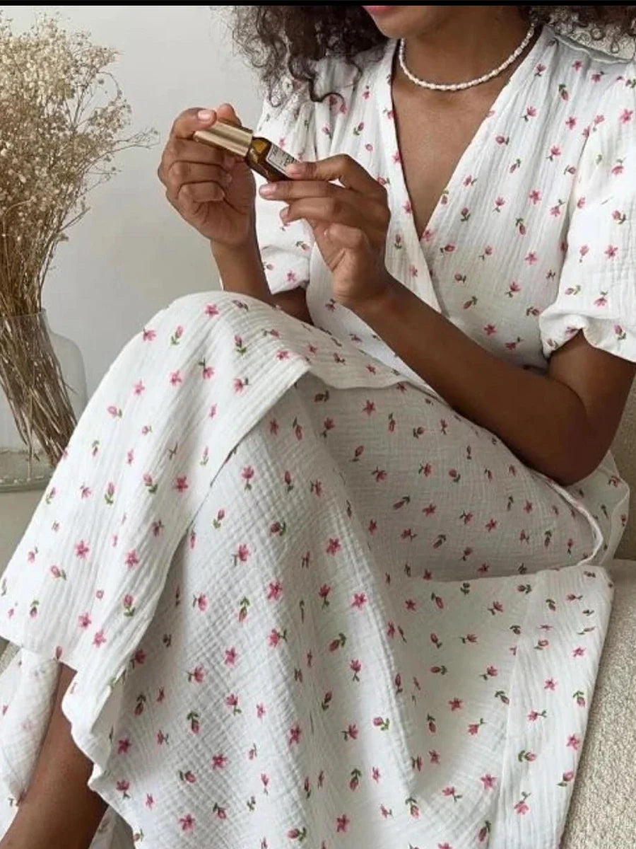 Cotton Lace Up Summer Dress For Women V Neck Casual Office