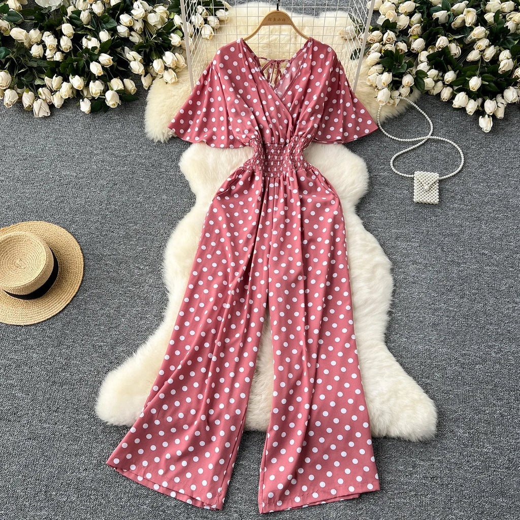 Elegant Polka Dot Romper for Women V-Neck Short Sleeve High Waist Wide Leg Jumpsuit Loose Fit Summer Playsuit