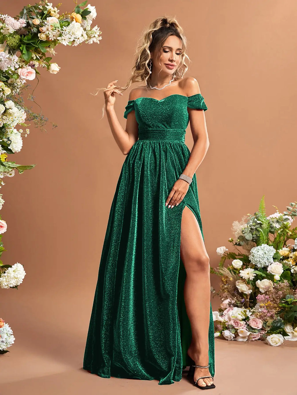 Green Off Shoulder Glitter Dress With Thigh Slit Sequins