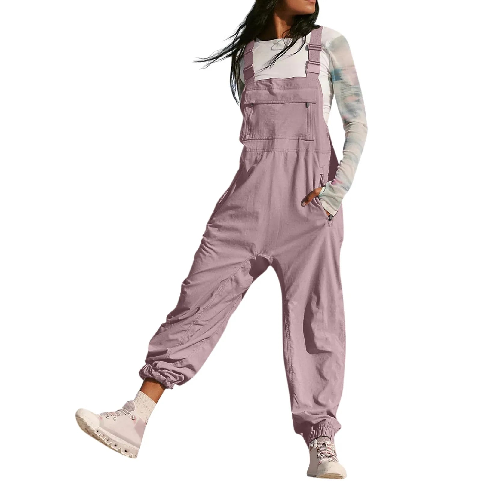 Women's Summer Casual Loose Wide Leg Jumpsuit with Adjustable Straps Pockets and Retro Button Detail Solid Color Sleeveless Overalls