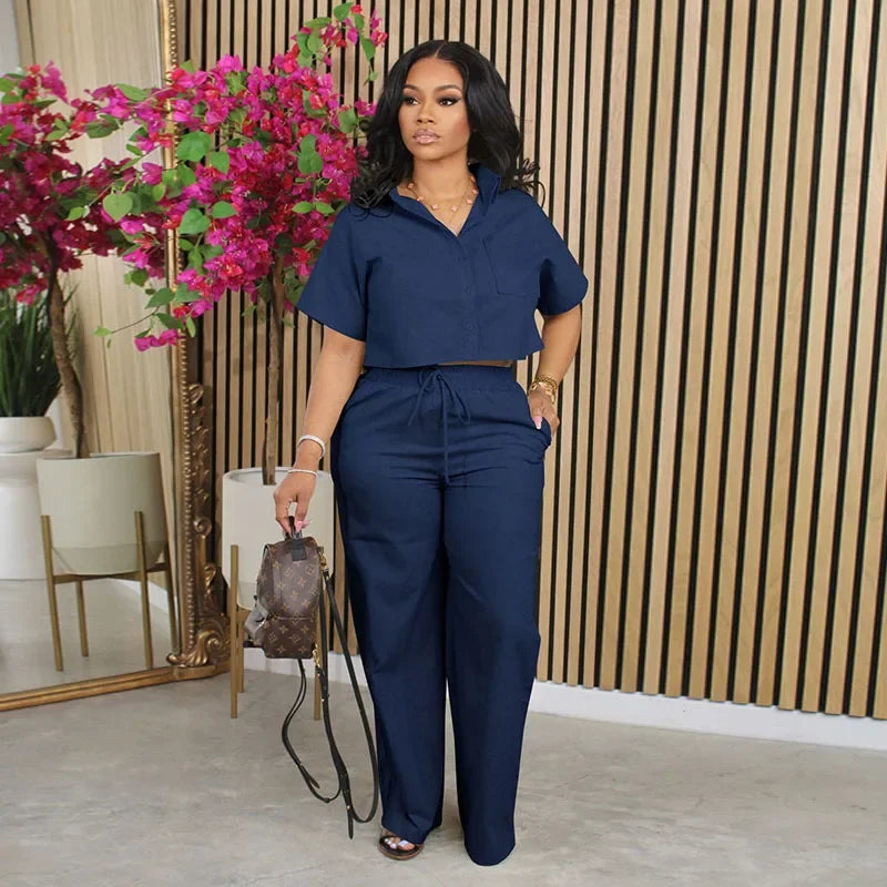 Linen Shirt and Wide Leg Pants Two Piece Set for Women, Casual Street Fashion Outfit