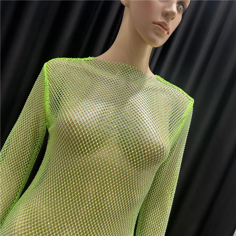 Rhinestone See Through Club Dress With Fishnet Details