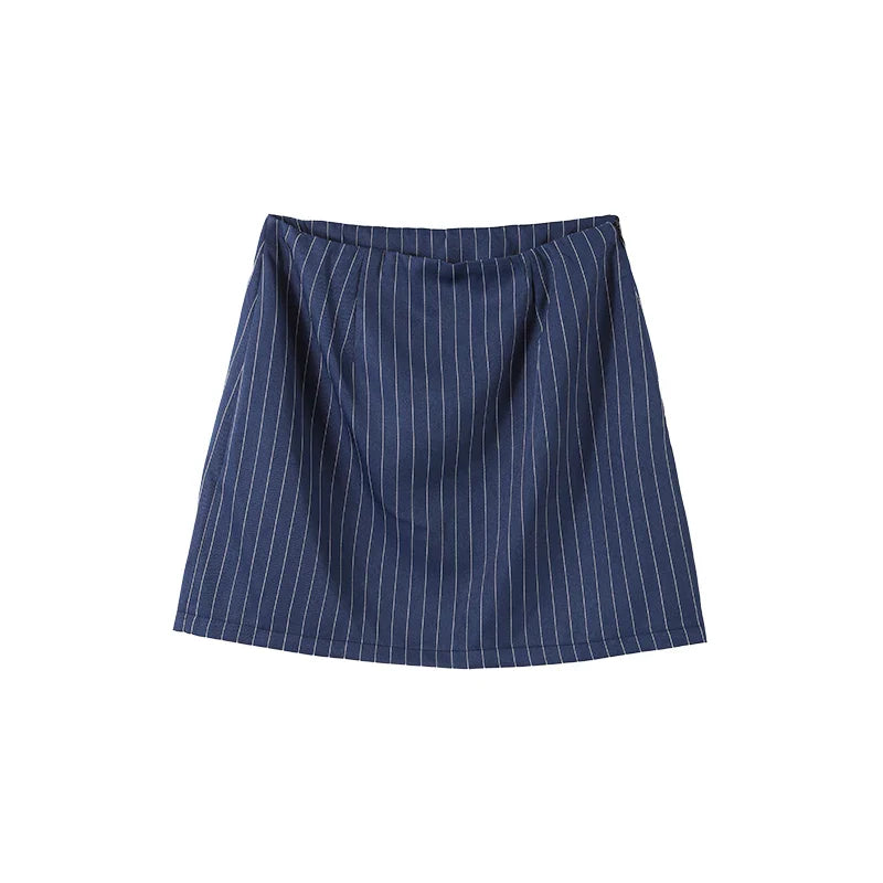 Women's Street Striped Blazer and Skirt Set Slim V-Neck Single Breasted Coat with Ribbon Accent Hip-Hugging Package Skirt Chic Spring Summer Outfit