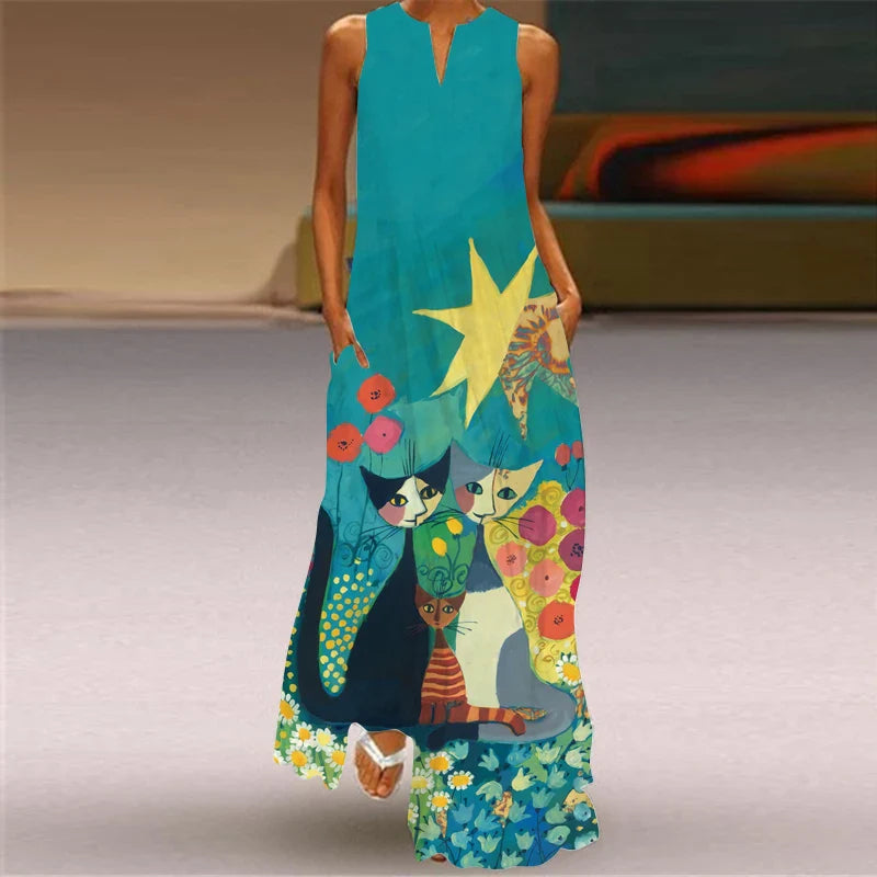 Sleeveless V Neck Printed Maxi Dress For Summer Beachwear