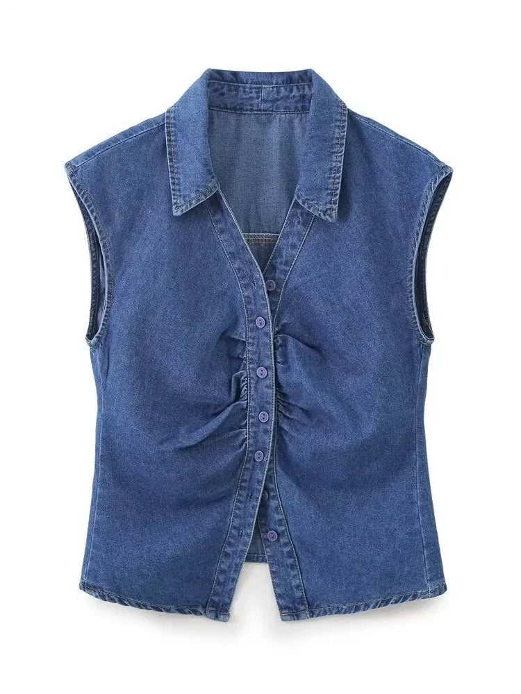 Women Sleeveless Pleated Denim Blouse Single Breasted Office Shirt Chic Casual Top