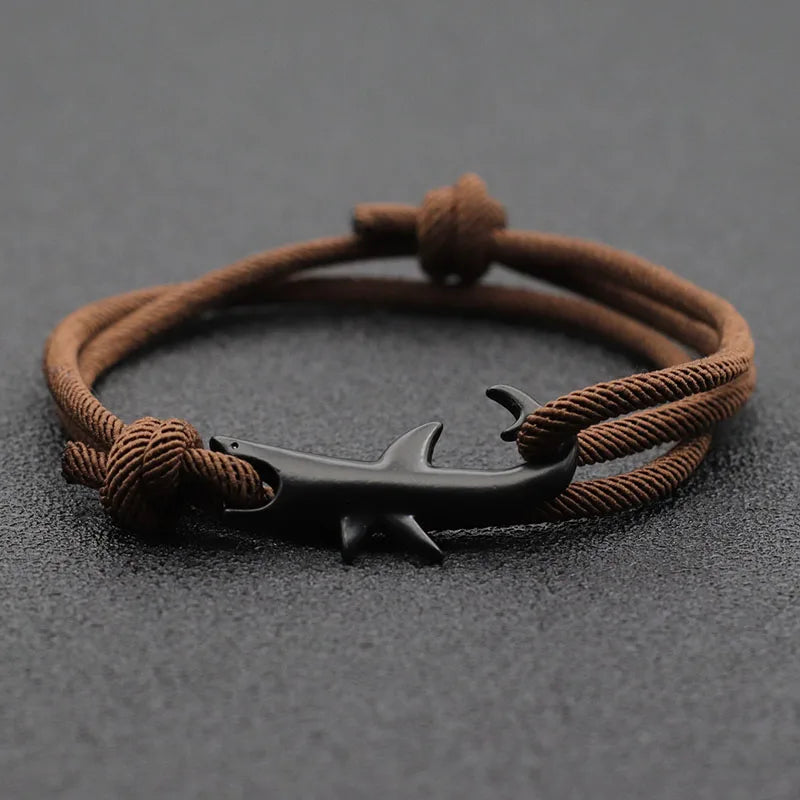 Unisex Double Layer Shark Bracelet Adjustable 3mm Cord Chain Beach Jewelry for Surfers
