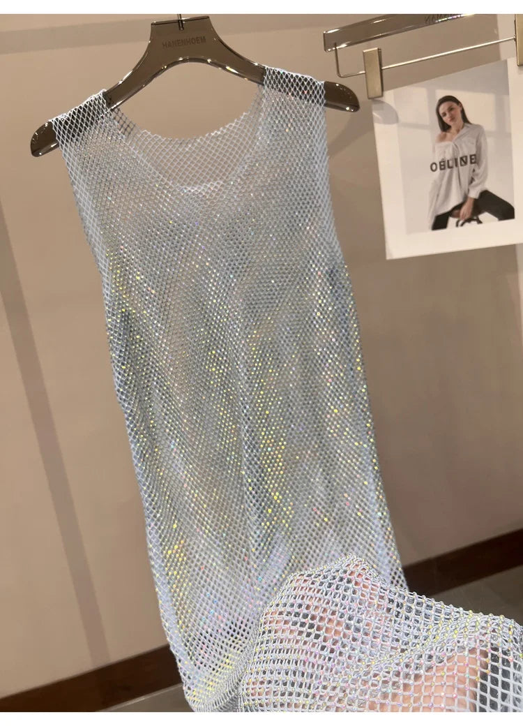 Rhinestone Mesh Midi Dress for Sexy Party and Clubwear