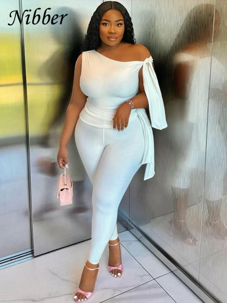 Elegant Two-Piece Women's Tracksuit Set with Skew Collar Ribbon Tank Top and Stretch Skinny Leggings Casual Matching Outfit