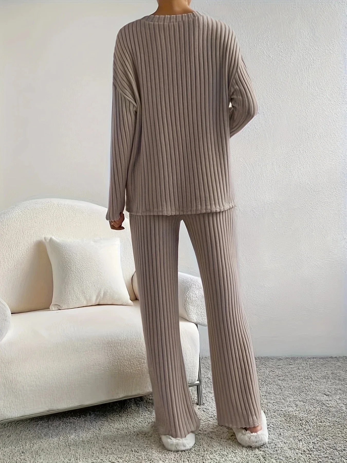 Autumn Winter Loose Casual V Neck Striped Knitted Two-Piece Set with Long Sleeve Top and Straight Tube Pants