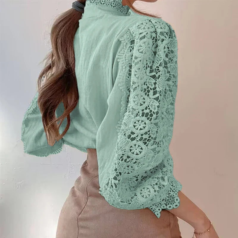 Women's Lace Petal Sleeve Blouse with Stand Collar Hollow Out Floral Patchwork Top Elegant Lightweight Shirt