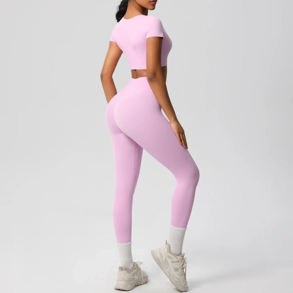 Yoga Set for Women Fitness Sportswear with Short Sleeve Top and High Waist Leggings