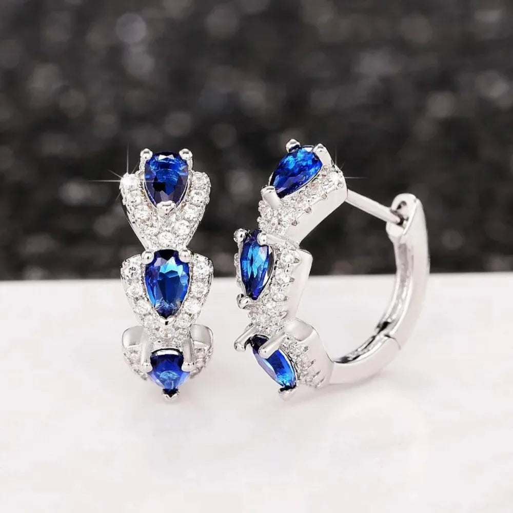 925 Sterling Silver Blue Cubic Zirconia Hoop Earrings Elegant Jewelry Gift for Women