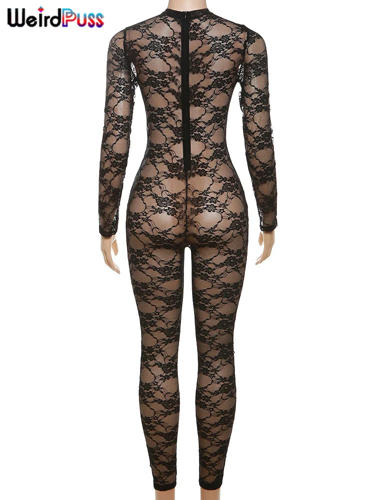 Sexy Zip Front Skinny Jumpsuit for Women Stretch Long Sleeve O-Neck Elastic Clubwear Thin Workout Overalls