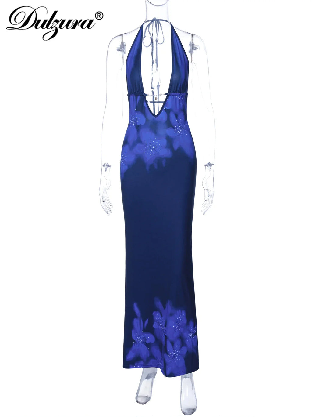 Halter Backless Patchwork Flower Print Maxi Dress Elegant