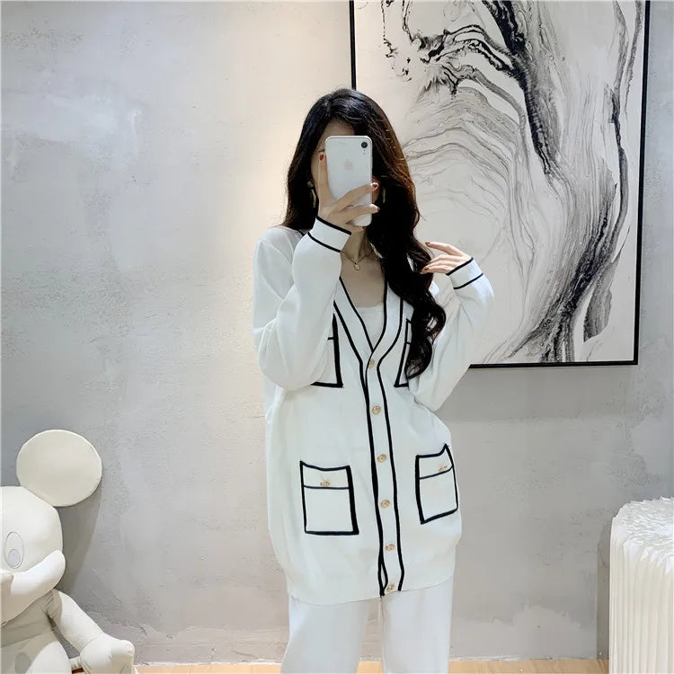 Autumn Elegant Two Piece Trouser Suit for Office Ladies with Long Sleeve Coat and Casual Wide Leg Trousers Set