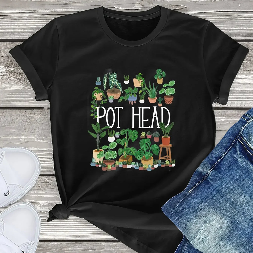 Pot Head Letter and Plants Print T-Shirt for Women, Casual Short Sleeve Crew Neck Top for Spring and Summer