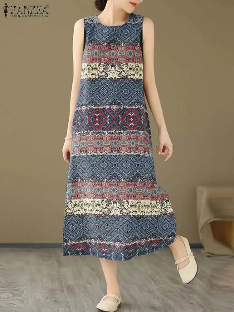 Bohemian Floral Print Sleeveless Midi Dress For Summer
