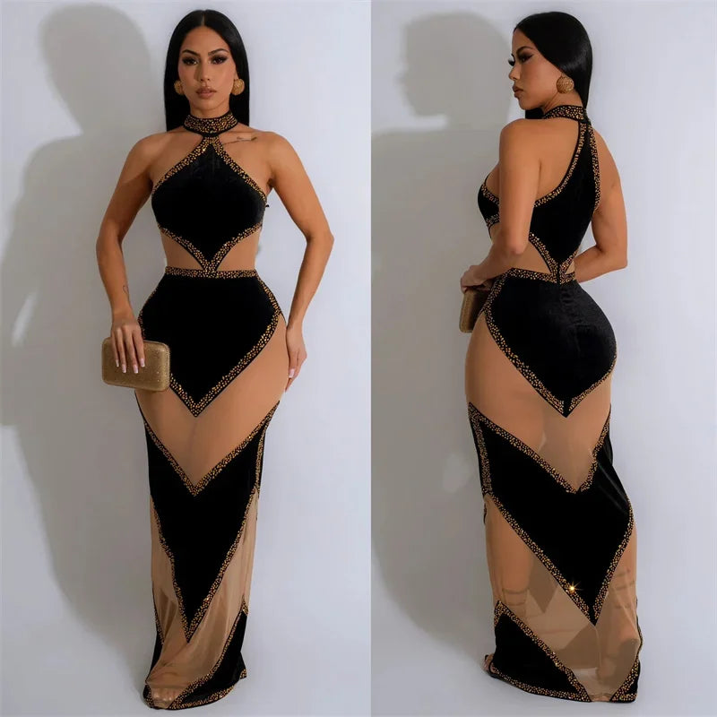 Sexy Halter Rhinestone Mesh See Through Maxi Party Dress