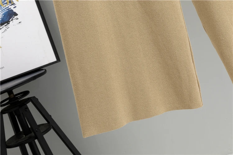 Knitted 3 Piece Set for Women with Stripe Shawl, Half High Neck Full Sleeve Top, and Wide Leg Trousers Stylish Fashion Suit